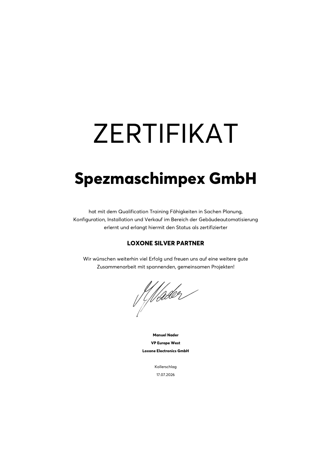 Loxone Silver Partner Zertifikat – Spezmaschimpex GmbH